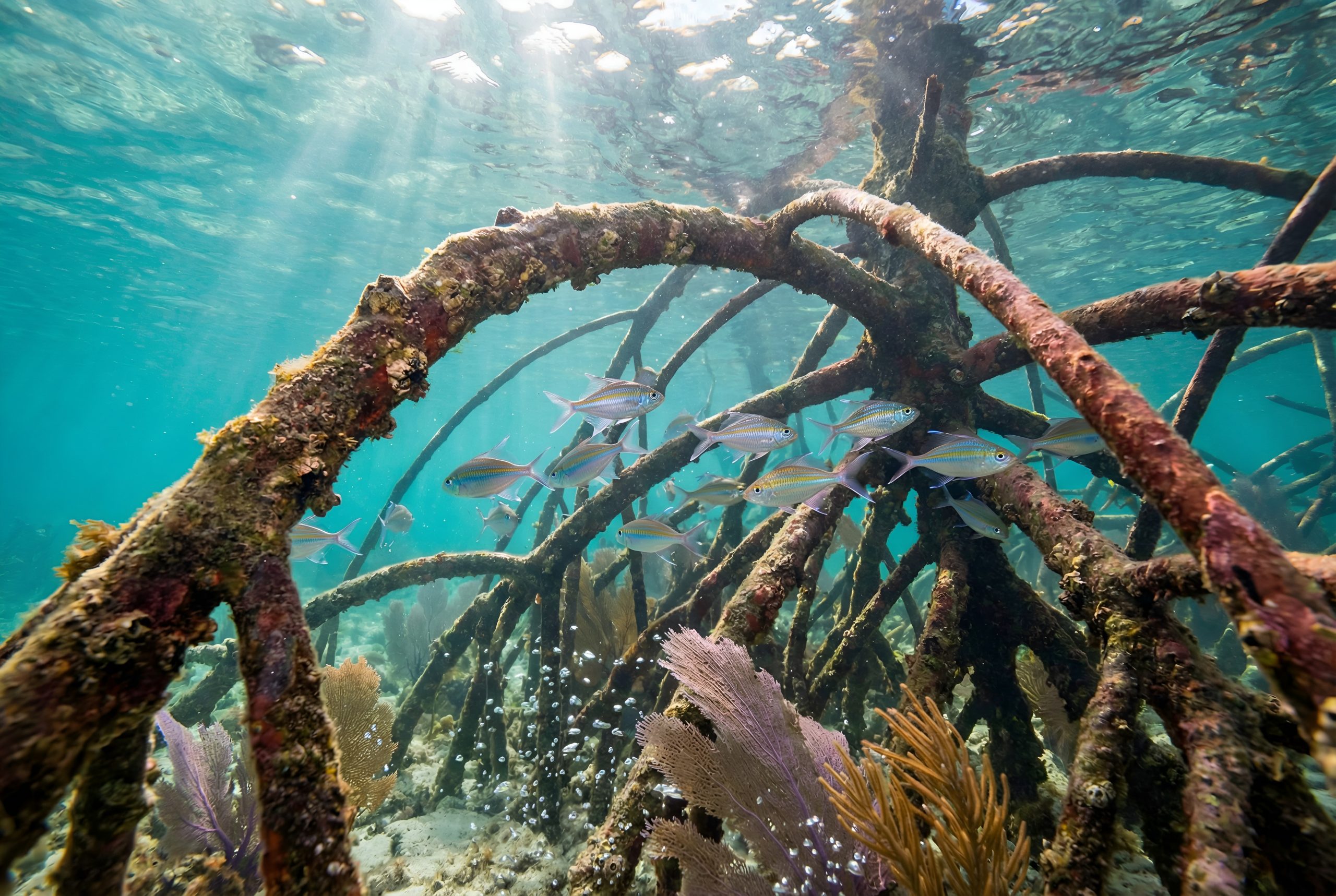 Underwater view of a coral-covered rusted wreck with a school of small striped fish swimming through the beams.